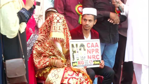 A Muslim couple, holding an anti-CAA placard, got married at the venue of the ongoing protest against the Citizenship Amendment Act here on Monday.  The couple, Sumayya and Shahin Shah, who arrived at the protest venue at north Chennai, was welcomed by the people and their marriage was solemnised by an Imam, Hindustan Times reported.