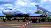 Indigo flight from Abu Dhabi lands at the Kochi (CIAL) airport on Sunday as operations resume