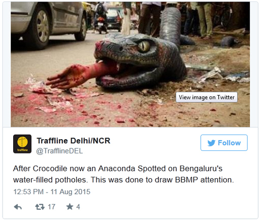  First a crocodile and now a gigantic anaconda. Commuters and pedestrians on Bengaluru’s water-logged and pothole-ridden roads 
