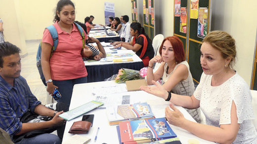 Students at an education fair