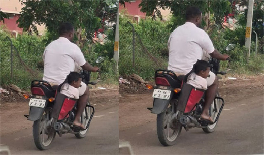 Shocker in Gadag: Father carries child in motorcycle&rsquo;s side luggage box, fined