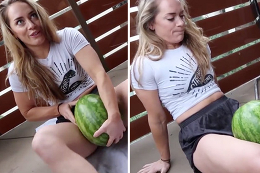 Female powerlifter shows extreme fitness by crushing watermelons between  her THIGHS