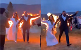 Bride and groom set themselves on fire on wedding day in daredevil stunt